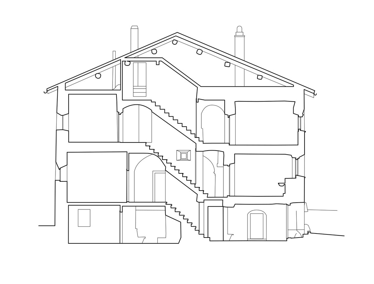Querschnitt. Die sehr dicken Mauern bieten einen hervorragenden Schutz vor den Elementen und eine hohe thermische Masse.